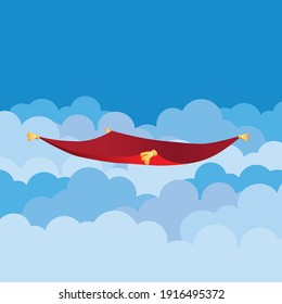 cartoon illustration of cloud , Magic carpet and sky, blue background 