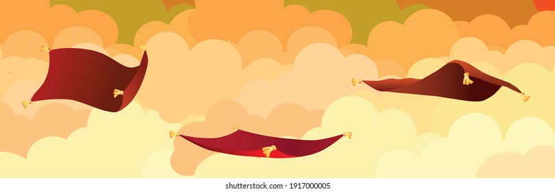 cartoon illustration of clouds,  carpet magic flying  and sky, orange background 