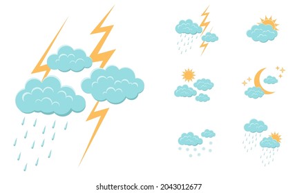 Cartoon illustration of clouds, rain and lightning, thunderstorm