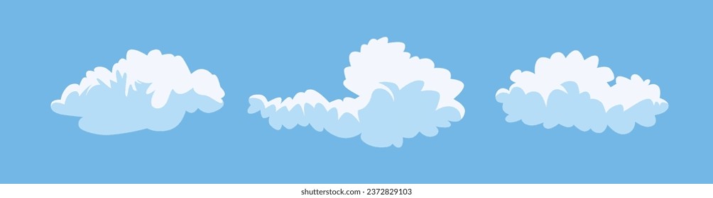 Cartoon illustration of a clouds set isolated on a blue background. Soft round cartoon fluffy clouds mock up icon. Doodle shapes vector illustration. Clear sky background. Weather concept