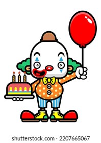 Cartoon illustration of Clown carrying birthday cake and Balloon, get ready to celebrate with kids, best for sticker, decoration, and mascot with birthday themes for kids