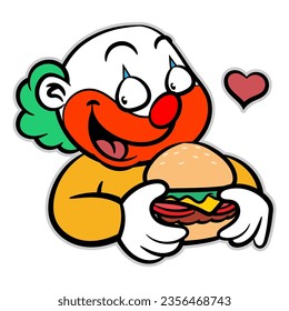Cartoon illustration of a clown serving an hamburger with love. Best for mascot, logo, and sticker with fast food business themes