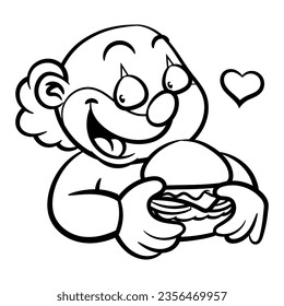 Cartoon illustration of a clown serving an hamburger with love. Best for outline, logo, and coloring book with fast food business themes