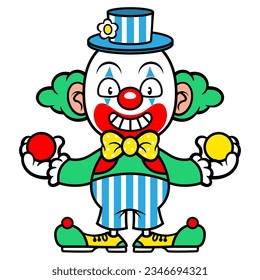 Cartoon illustration of clown wearing hat and bowtie and juggling the balls at circus. Best for mascot, logo, and sticker with circus themes for kids