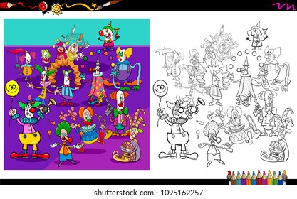 Cartoon Illustration of Clowns Characters Group Coloring Book Activity