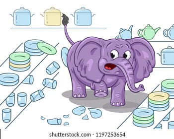 Cartoon Illustration Of A Clumsy Elephant In A China Shop. On White Background