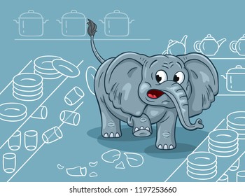 Cartoon Illustration Of A Clumsy Elephant In A China Shop