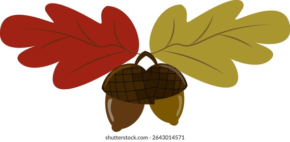Cartoon illustration of a cluster of autumn oak leaves and two acorns on a white background. Perfect for autumn designs, nature prints, botanical projects, or seasonal decorations.
