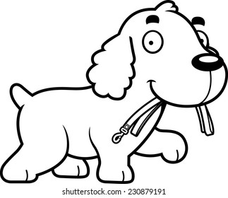 A cartoon illustration of a Cocker Spaniel walking with a leash in his mouth.