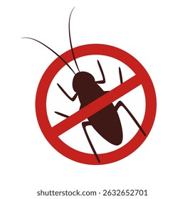Cartoon illustration of a cockroach silhouette inside a red forbidden sign. Vector drawing concept of pest control, cleanliness and household protection