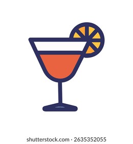 Cartoon illustration of a cocktail glass with a slice of orange on a white background