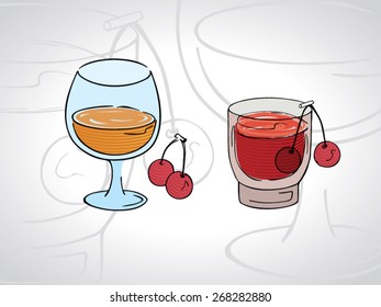 Cartoon illustration of cocktails with a black outline isolated on white