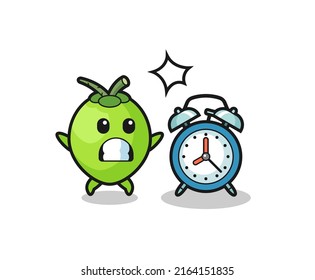 Cartoon Illustration of coconut is surprised with a giant alarm clock , cute style design for t shirt, sticker, logo element