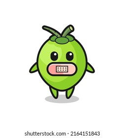 Cartoon Illustration of coconut with tape on mouth , cute style design for t shirt, sticker, logo element