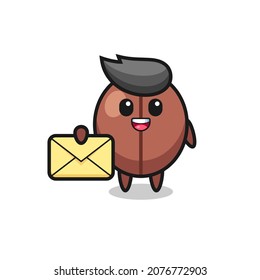 cartoon illustration of coffee bean holding a yellow letter , cute style design for t shirt, sticker, logo element