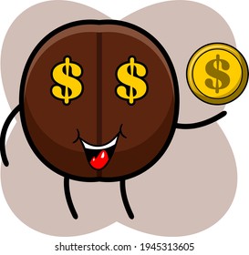 cartoon illustration of coffee bean mascot character with gold coin