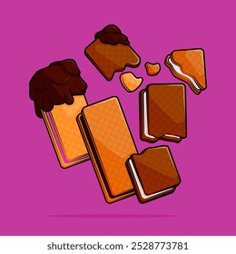 cartoon illustration of coffee biscuit sandwich with filling of strawberry vanilla chocolate flavor coated with dipping chocolate. can be used for menu, cover, cafe, restaurant, cookbook, ads, poster