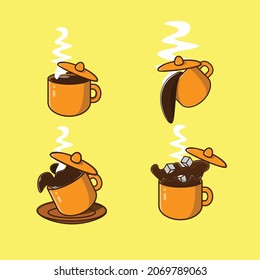 Cartoon illustration of coffee or chocolate or tea set. Beverage bundle design in cup. Drink design for children's theme