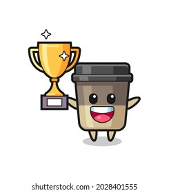 Cartoon Illustration of coffee cup is happy holding up the golden trophy , cute style design for t shirt, sticker, logo element