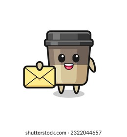cartoon illustration of coffee cup holding a yellow letter , cute style design for t shirt, sticker, logo element