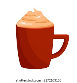 Cartoon illustration of a coffee drink with cream in a red cup. Vector element of hot latte, cappuccino or hot chocolate isolated on a white background for winter or autumn design.