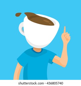 Cartoon illustration of coffee lover spilling his espresso head