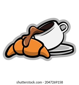 Cartoon illustration of coffee poured on bread at morning with doodles style, best for sticker, decoration, and logo of fast food restaurant