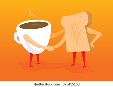 Cartoon illustration of coffee and toast friends shaking hands