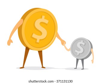 Cartoon illustration of coin father and son holding hands