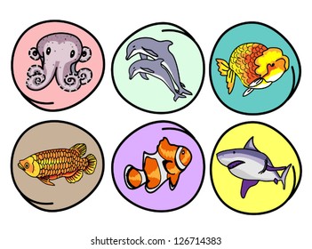 Cartoon Illustration Of A Collection Of Aquatic Animal Icon, Dolphin, Shark, Octopus, Goldfish, Arowana And Clown Fish In Circle Frame