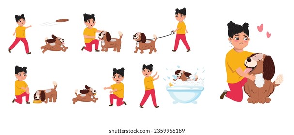 Cartoon illustration collection of a cute girl having leisure activities with a dog. Family, friends, having a pet, animal care concept
