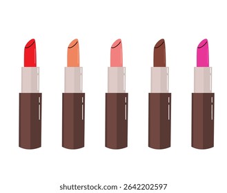 Cartoon illustration of a collection of isolated lipsticks in various colors including red, pink, orange, brown, and fuchsia. Drawing for beauty and cosmetic designs
