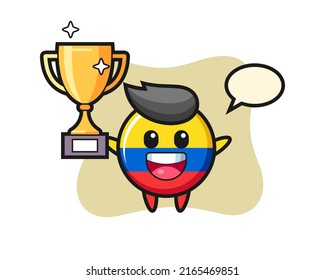 Cartoon Illustration of colombia flag badge is happy holding up the golden trophy , cute style design for t shirt, sticker, logo element