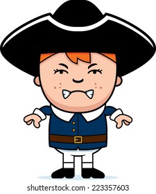 A cartoon illustration of a colonial boy with an angry expression.