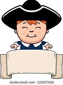 A cartoon illustration of a colonial boy with a banner.