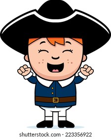 A cartoon illustration of a colonial girl with an excited expression.
