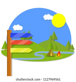 Cartoon illustration - color index of the elements in nature. Campground with a campfire. Small tent. Outdoor recreation.Choose a place for an active holiday.
