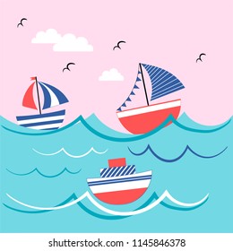 Cartoon illustration with colored boats. Vector illustration