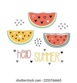 cartoon illustration with colored slices of watermelon and lettering hello summer, scandinavian style, flat design