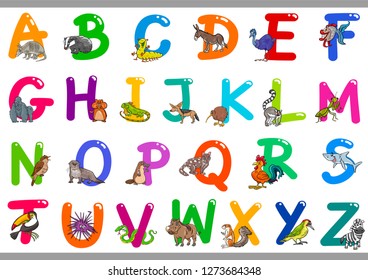 Cartoon Illustration of Colorful Alphabet Letters Set from A to Z with Happy Animals