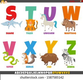 Cartoon Illustration of Colorful Alphabet Set from Letter S to Z with Funny Animal Characters