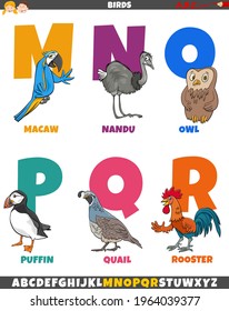 Cartoon illustration of colorful alphabet set from Letter M to R with funny birds animal characters