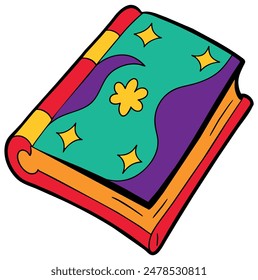 Cartoon illustration of a colorful book with stars and flowers. Vector illustration