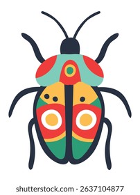 Cartoon illustration of a colorful bug with decorative patterns standing on a white background, showcasing bright colors and intricate details