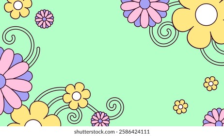 Cartoon illustration of colorful flowers background on a pastel green background, symbolizing beauty and spring perfect for floral themes and decor