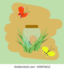 Cartoon illustration with colorful flying butterflies and glass jar in the grass on the green and orange background. Spring or summer image for design.
