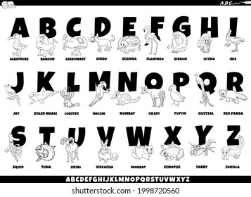 Cartoon Illustration of Colorful Full Alphabet Set with Funny Animal Characters and Captions