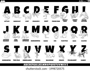 Cartoon Illustration of Colorful Full Alphabet Set with Funny Animal Characters and Captions