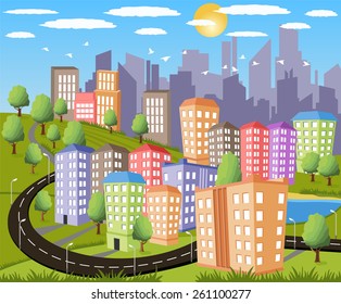 Cartoon illustration of a colorful modern city