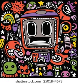 Cartoon illustration of a colorful robot with playful expressions, surrounded by various whimsical doodles and abstract elements on a dark background.